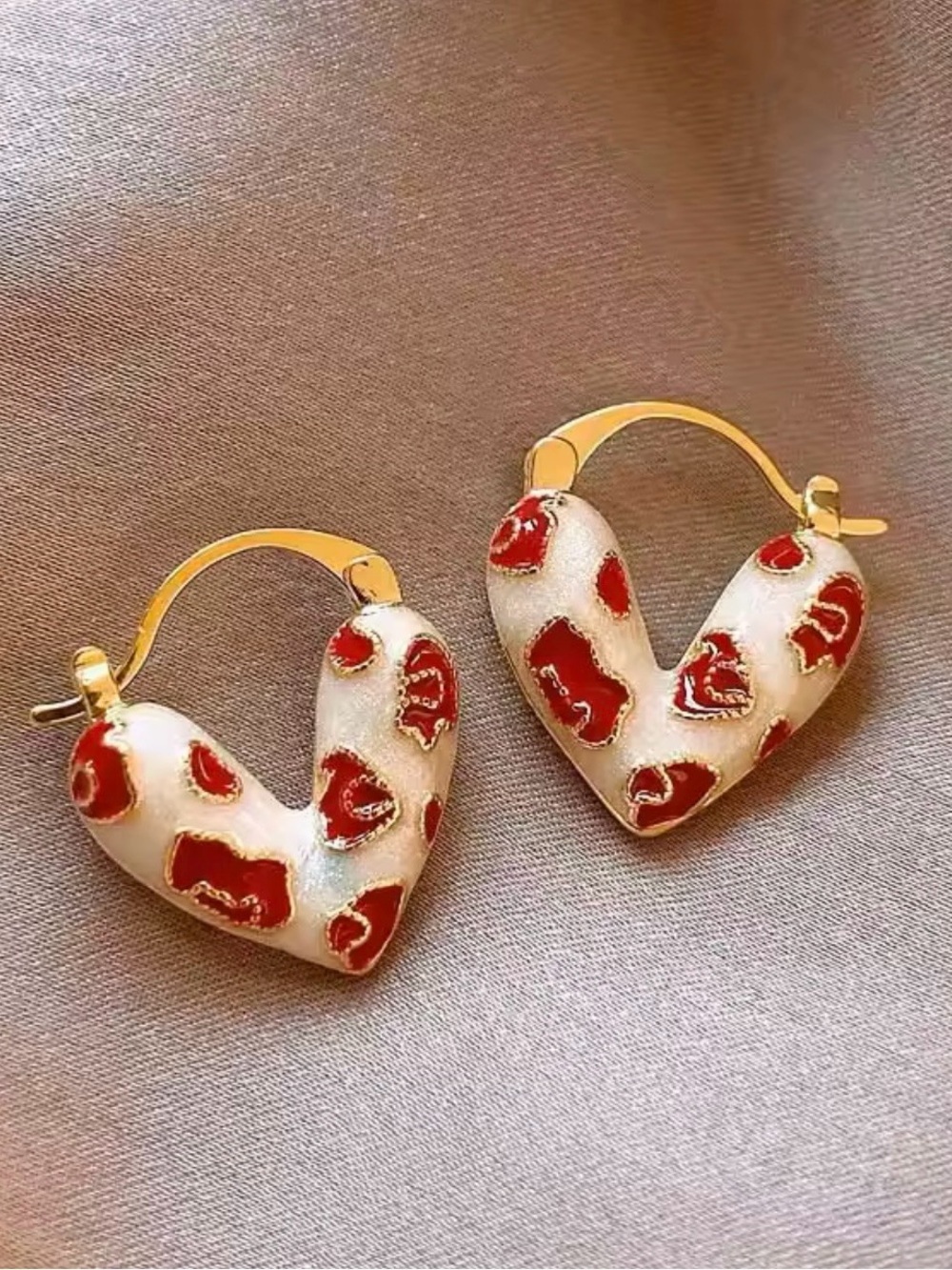 Gold Heart Hoop Earrings with Red and Pearl Enamel Accent - Picture 2 of 7